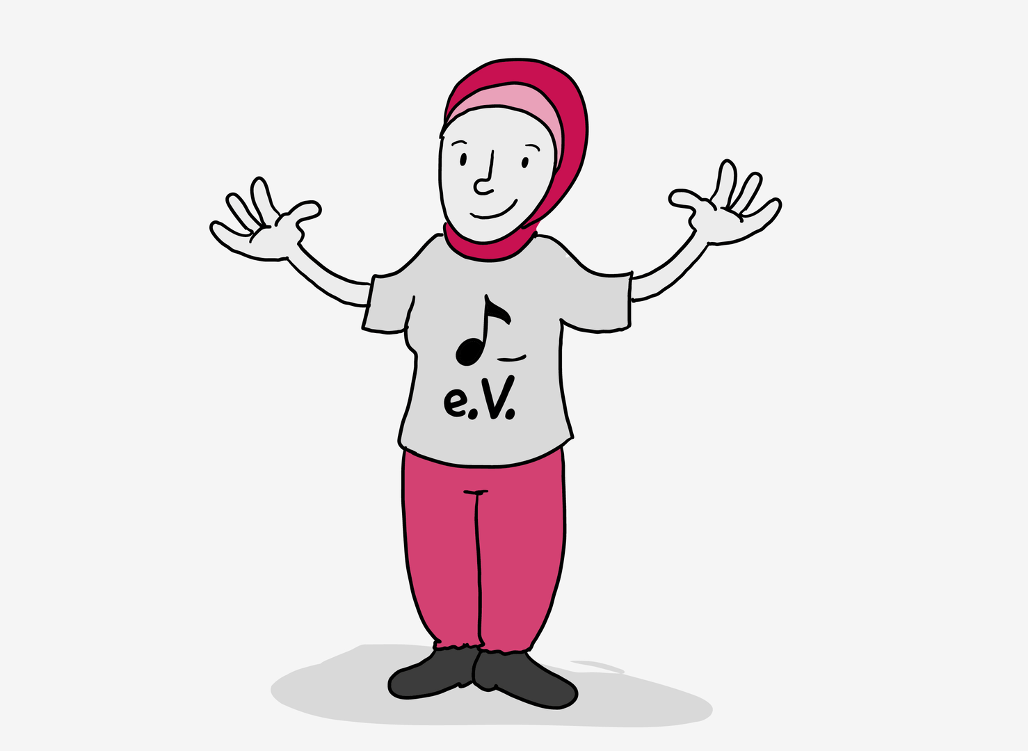 Eine junge Frau steht lächelnd und mit weit ausgebreiteten Armen in der Bild-Mitte. Sie trägt ein Kopftuch, eine Jogging-Hose und ein weites T-Shirt. Das T-Shirt hat einen großen Aufdruck: Ein Noten-Symbol, darunter steht: e.V.